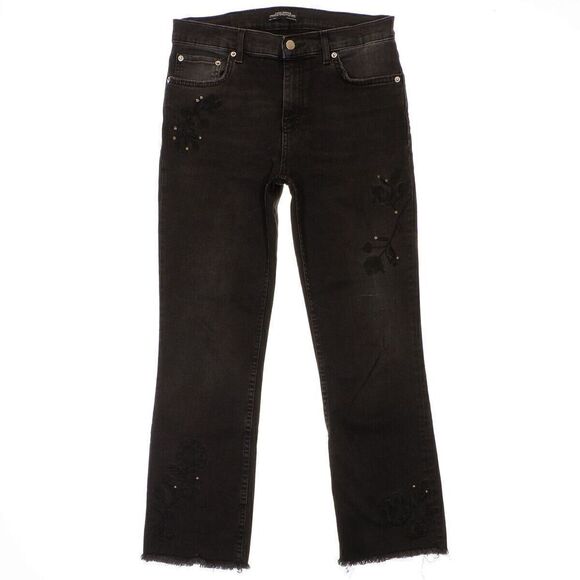 Zara Straight Ankle Jeans Size 6 Womens Black Embroidered Embellished 28x25.5 - Picture 1 of 11